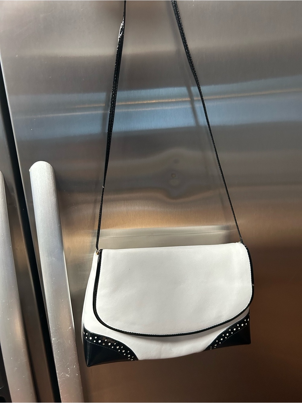 Vintage Elegant White Leather and Black Patent Crossbody or Shoulder Bag